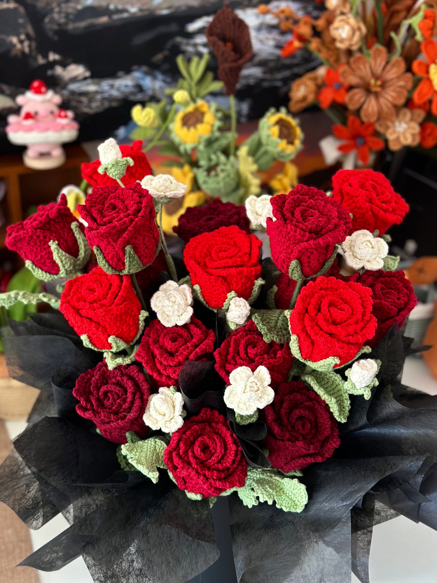 Giant Crochet Red and White Rose Bouquet – Valentine’s Day Gift|Handmade with love