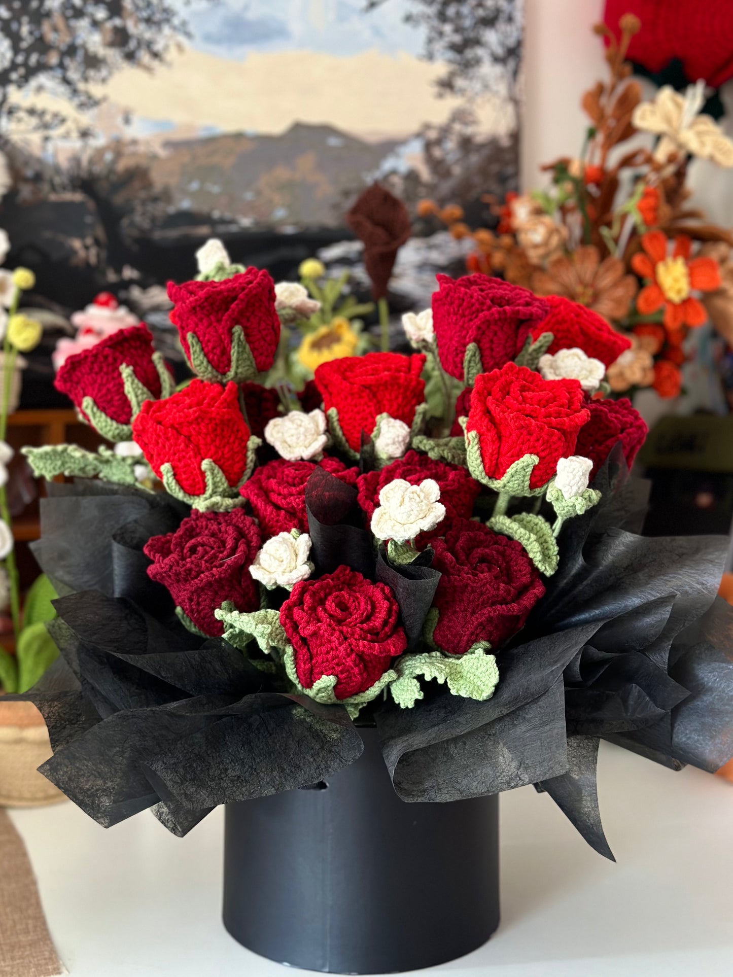 Giant Crochet Red and White Rose Bouquet – Valentine’s Day Gift|Handmade with love