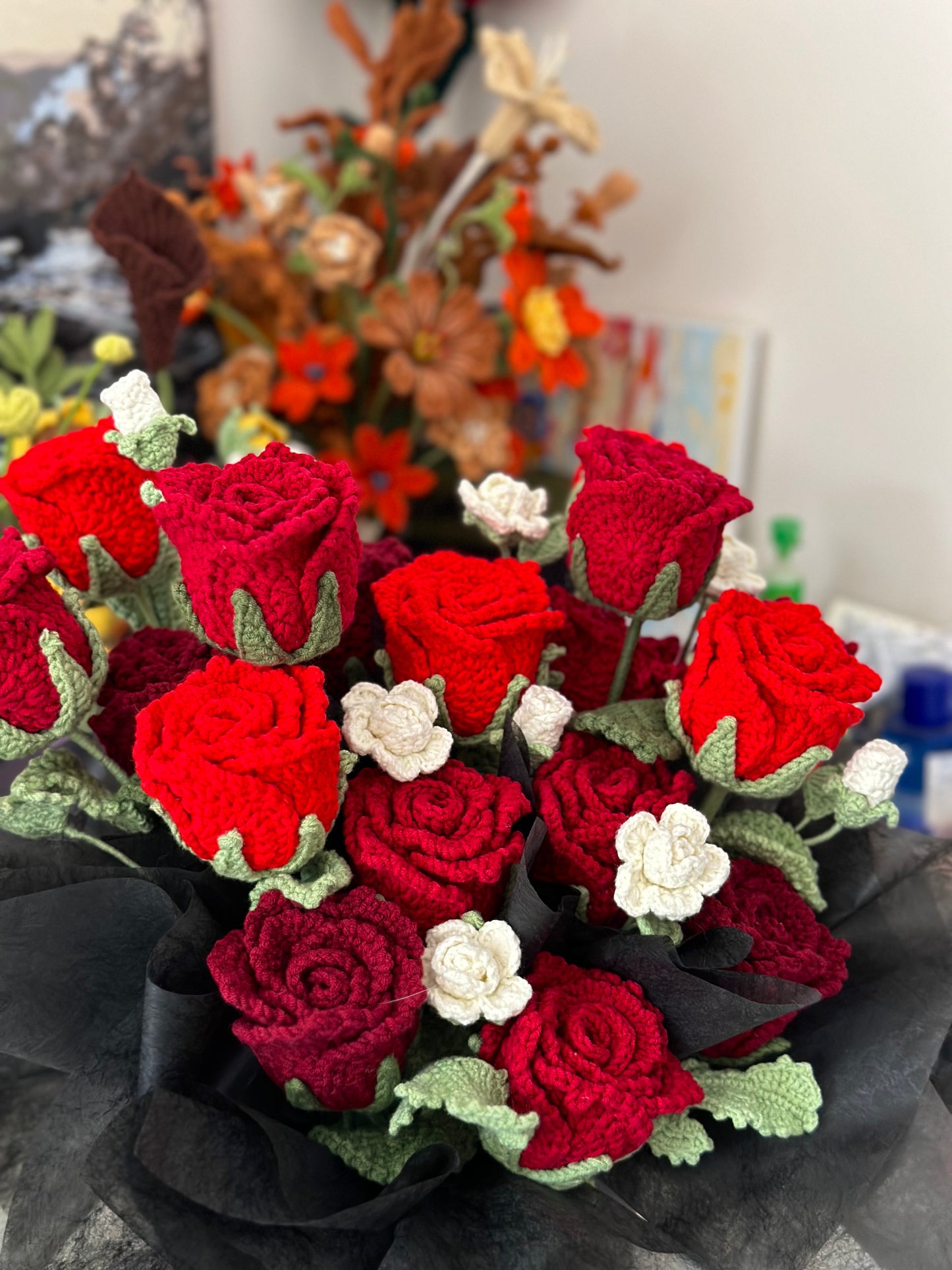 Giant Crochet Red and White Rose Bouquet – Valentine’s Day Gift|Handmade with love