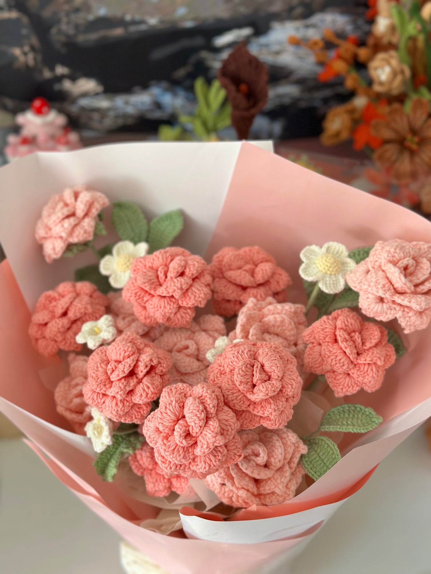Crochet Pink and White Rose Bouquet – Valentine’s Day Gift|Handmade with love
