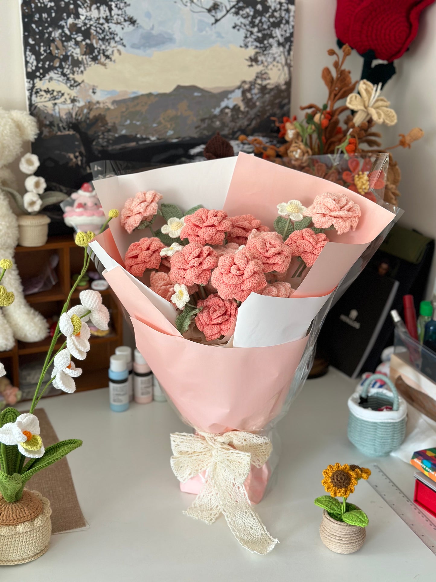 Crochet Pink and White Rose Bouquet – Valentine’s Day Gift|Handmade with love