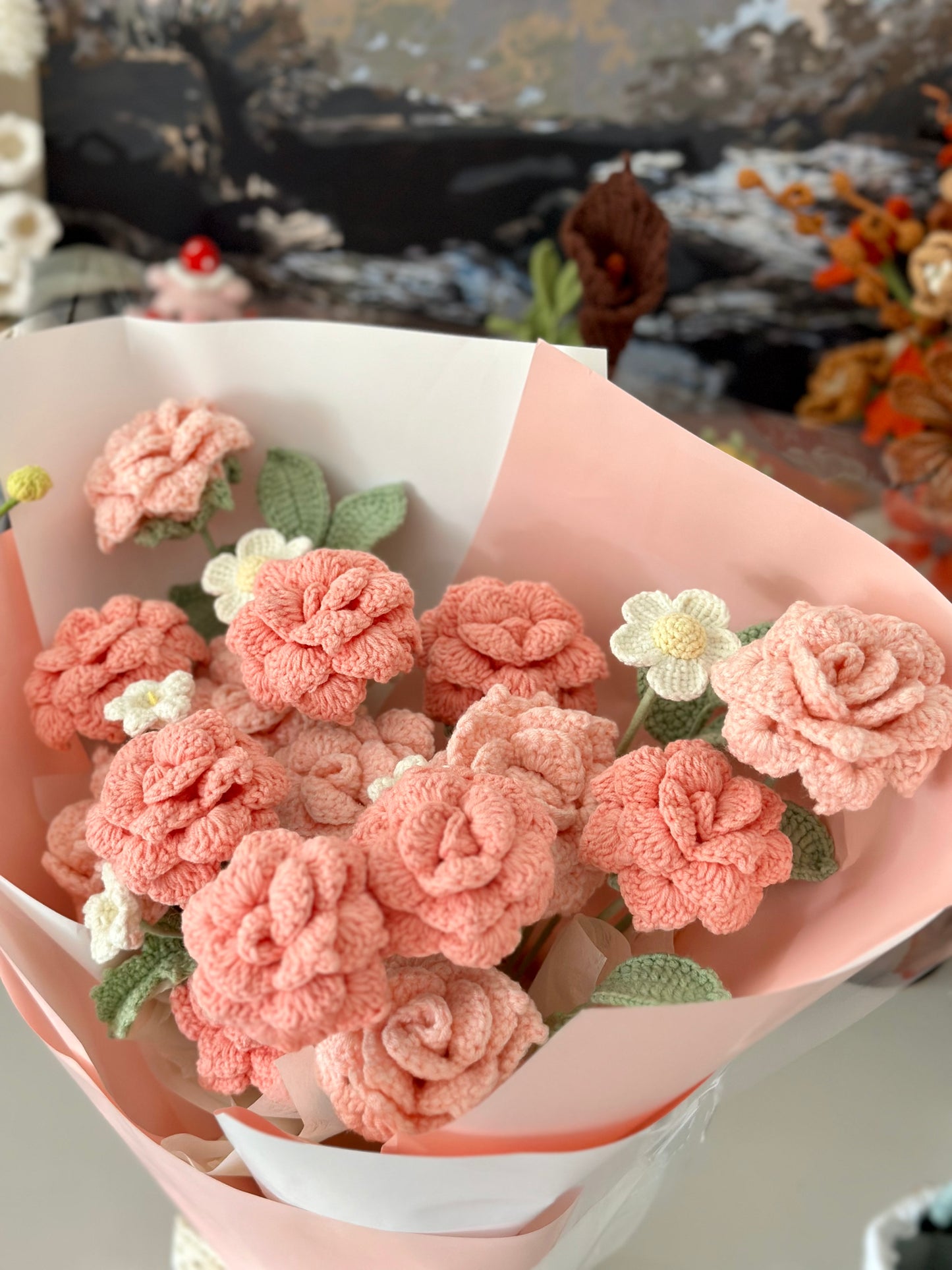 Crochet Pink and White Rose Bouquet – Valentine’s Day Gift|Handmade with love