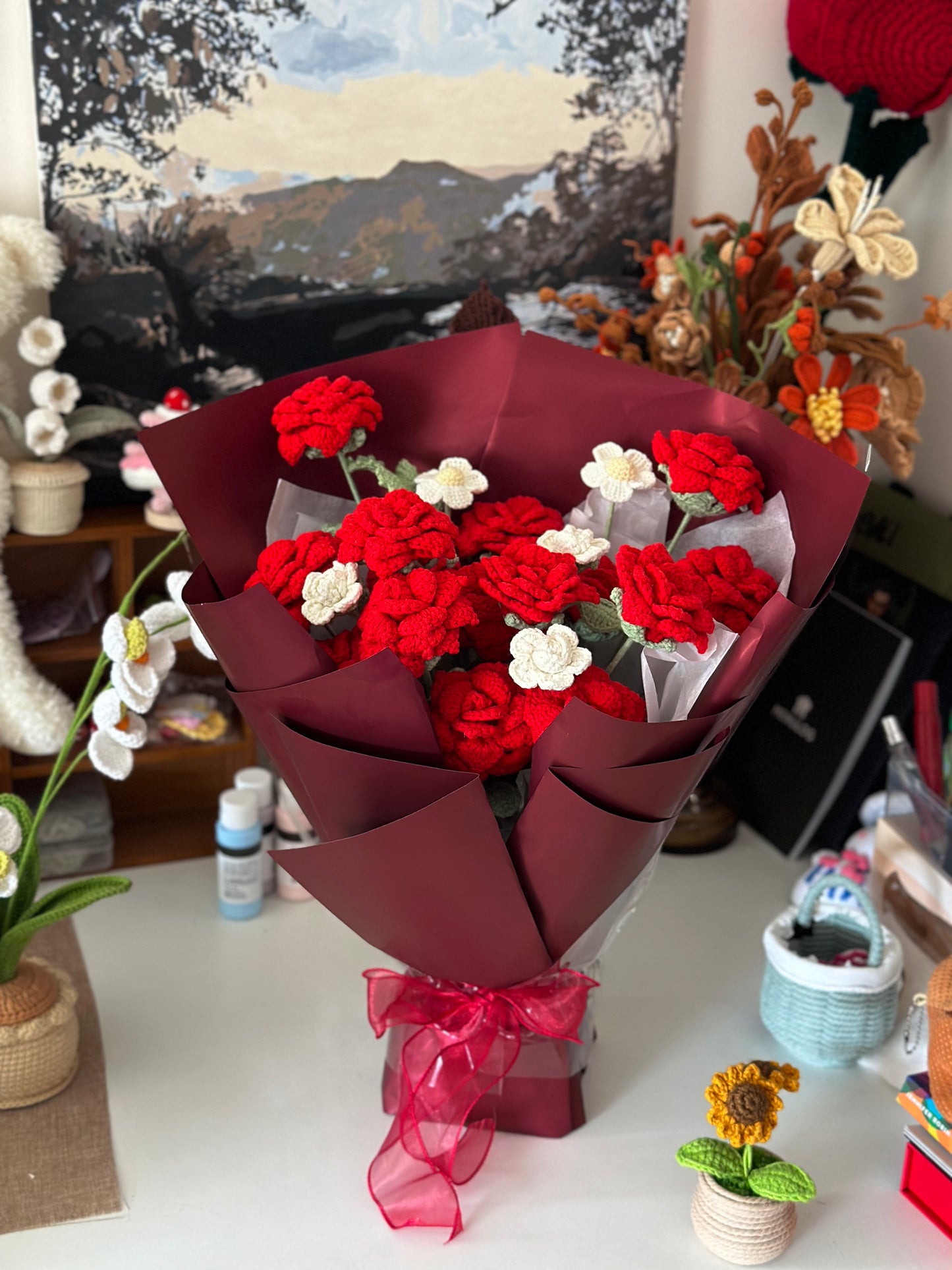 Crochet Red and White Rose Bouquet – Valentine’s Day Gift|Handmade with love