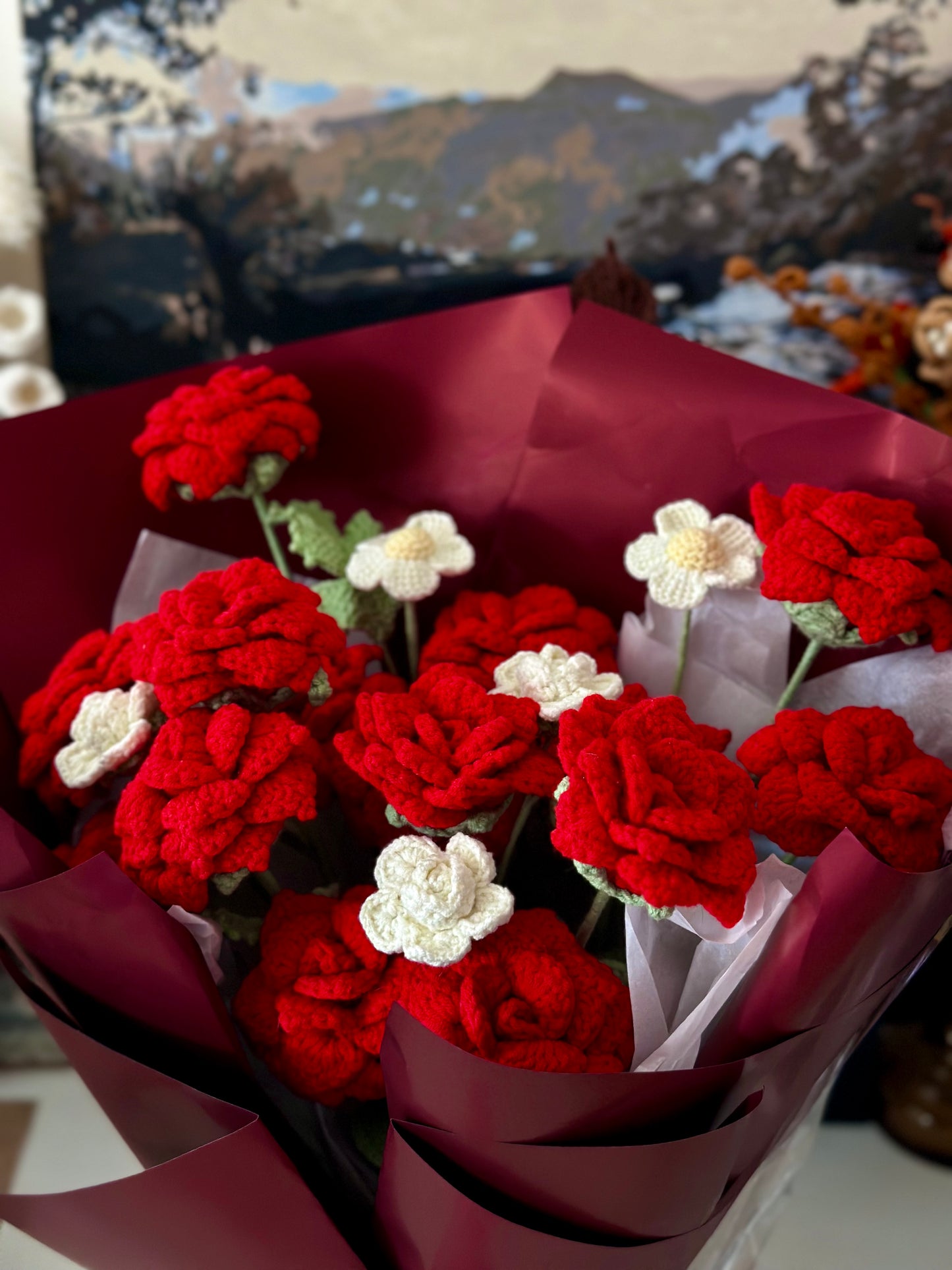 Crochet Red and White Rose Bouquet – Valentine’s Day Gift|Handmade with love