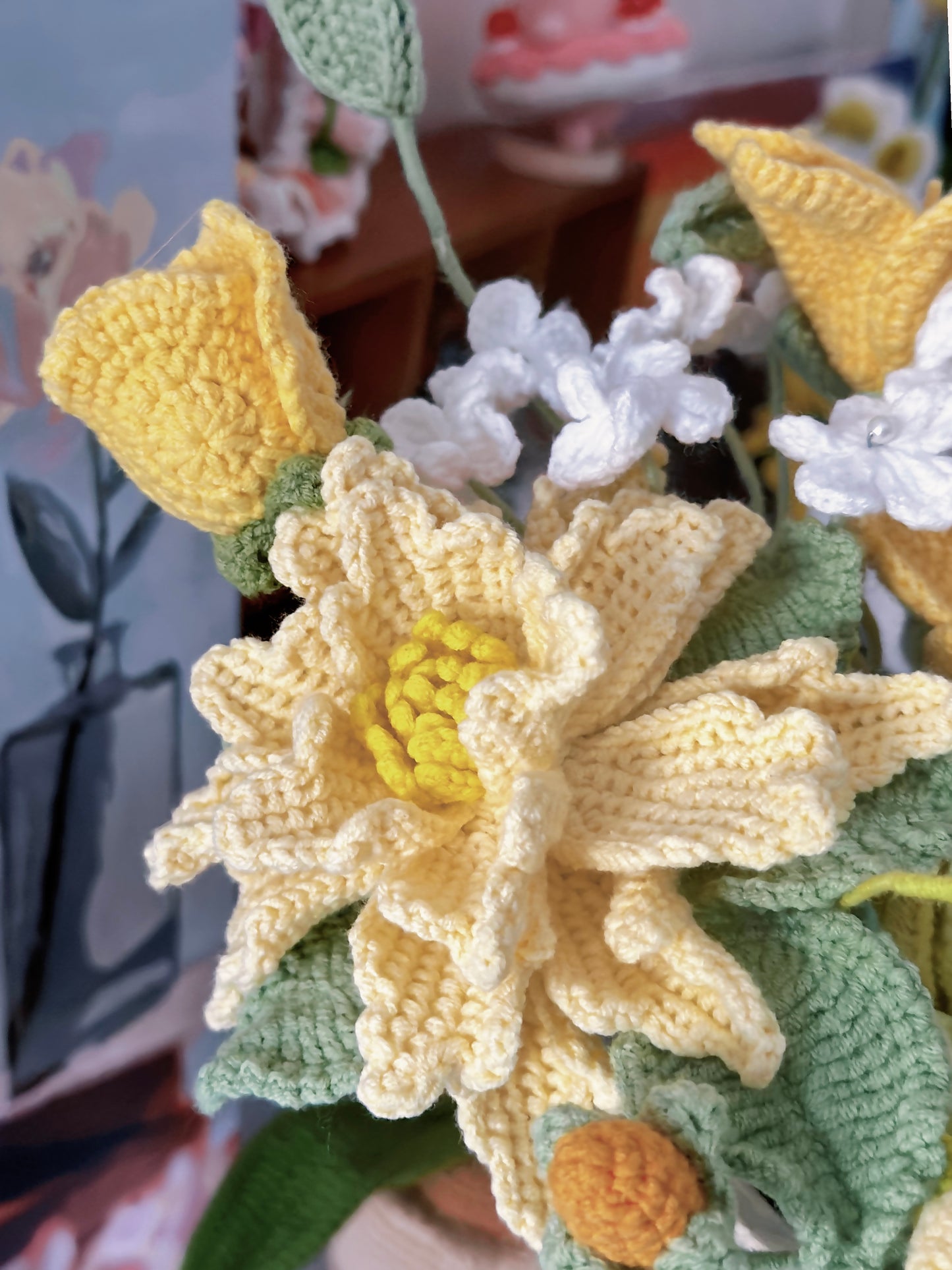 Handmade Crochet Sunshine Vibe Flower Bouquet - Epiphyllum, Roses, Lilies, Forget-Me-Nots - Unique Home Decor & Gifts