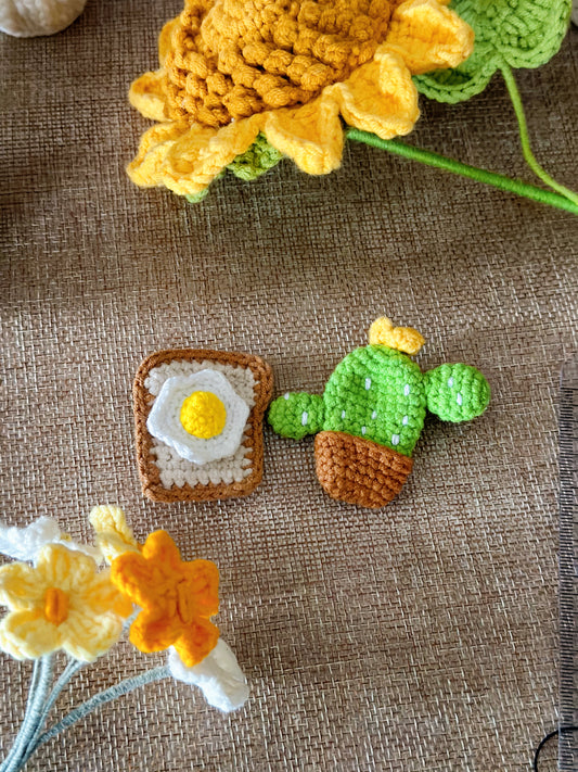 Cactus & Toast Brooches | Handmade | Crochet