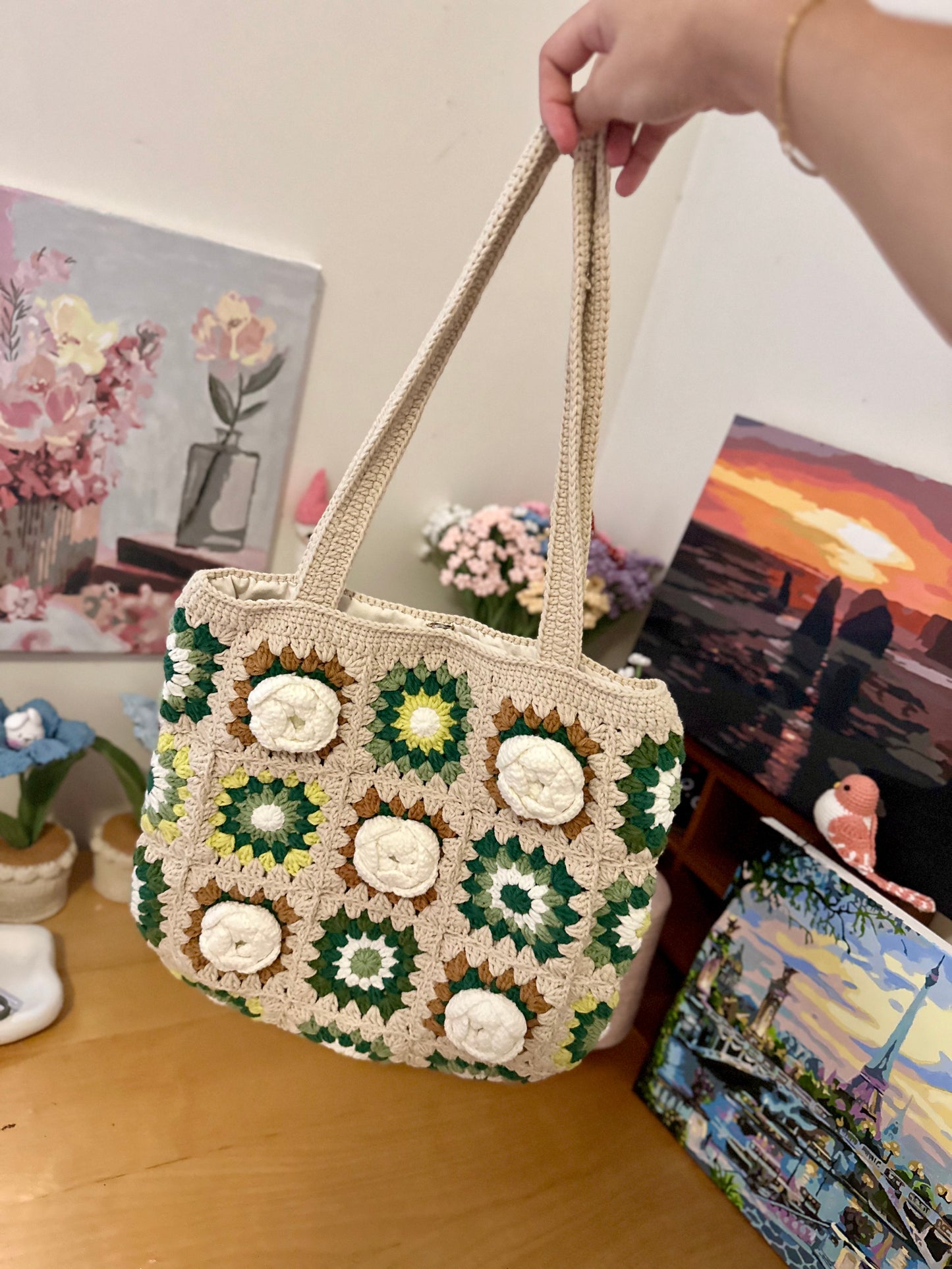 Handmade Camellia Crochet Shoulder Bag