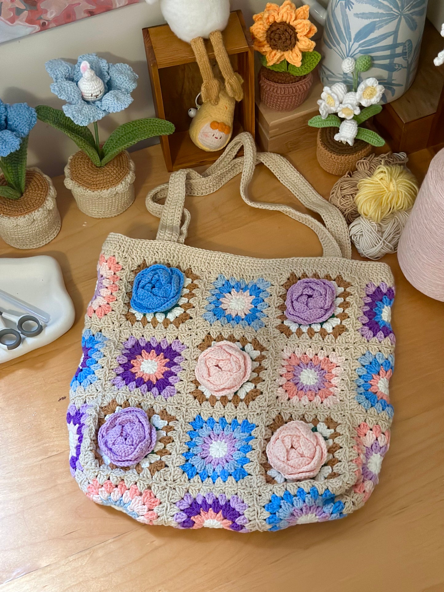 Handmade Camellia Crochet Shoulder Bag